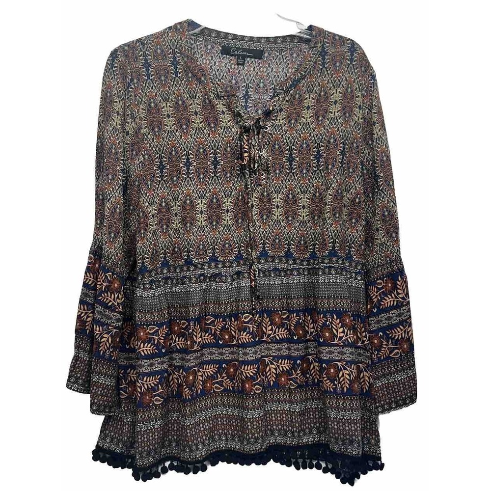 Calessa Womens Size L 3/4 Sleeve Paisley Brown Pullover Boho Blouse Top (S4)